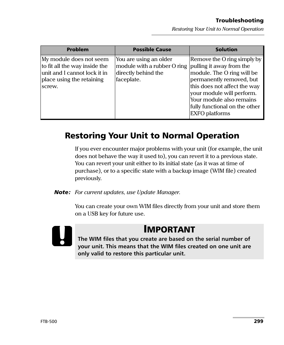 Restoring your unit to normal operation, Mportant | EXFO FTB-500 User Manual | Page 307 / 453