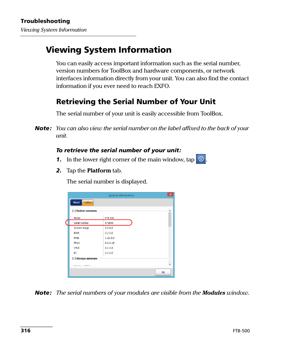 Viewing system information, Retrieving the serial number of your unit | EXFO FTB-500 User Manual | Page 324 / 453