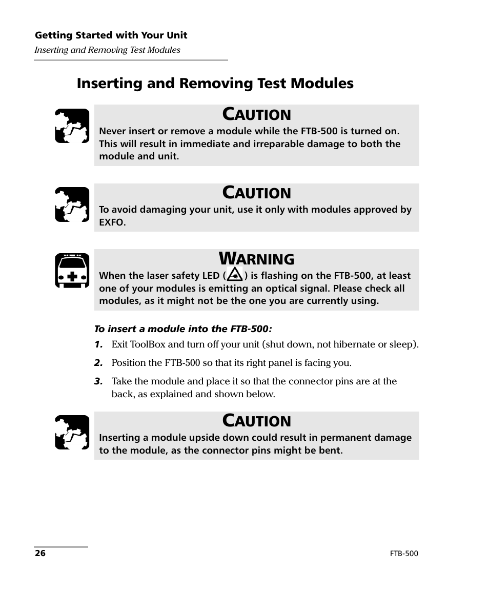 Inserting and removing test modules, Aution, Arning | EXFO FTB-500 User Manual | Page 34 / 453