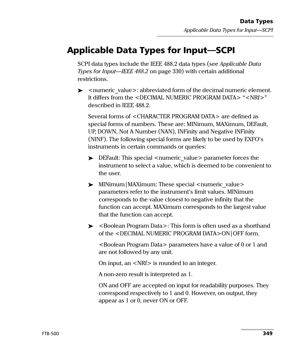 Applicable data types for input—scpi | EXFO FTB-500 User Manual | Page 357 / 453