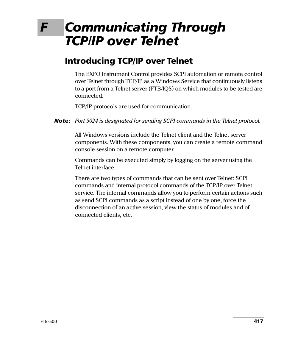 F communicating through tcp/ip over telnet, Introducing tcp/ip over telnet, Fcommunicating through tcp/ip over telnet | EXFO FTB-500 User Manual | Page 425 / 453