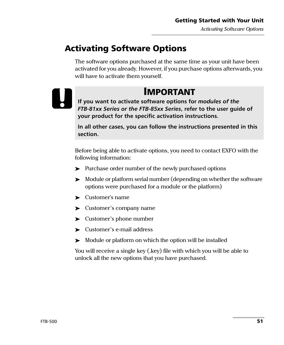 Activating software options, Mportant | EXFO FTB-500 User Manual | Page 59 / 453