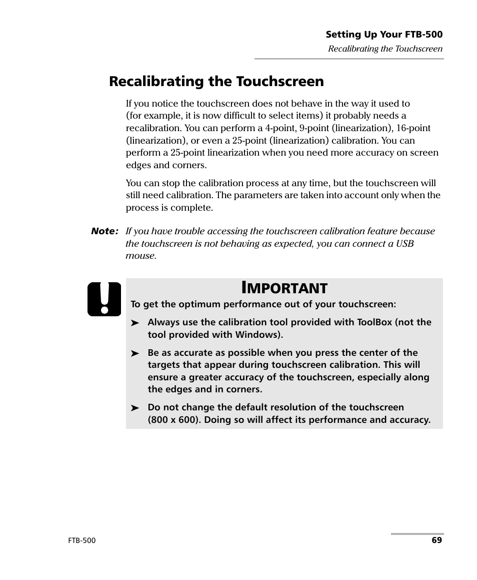 Recalibrating the touchscreen, Mportant | EXFO FTB-500 User Manual | Page 77 / 453