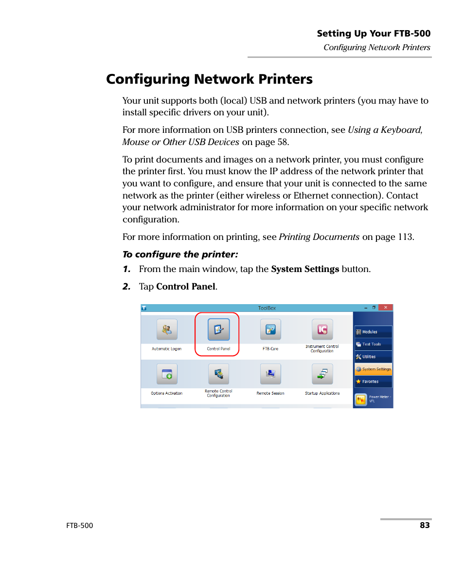 Configuring network printers | EXFO FTB-500 User Manual | Page 91 / 453