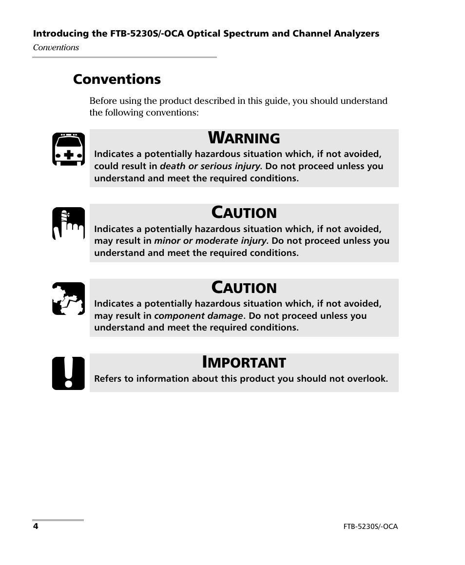 Conventions, Arning, Aution | Mportant | EXFO FTB-5230S Optical Spectrum Analyzer for FTB 200 v2 User Manual | Page 10 / 251