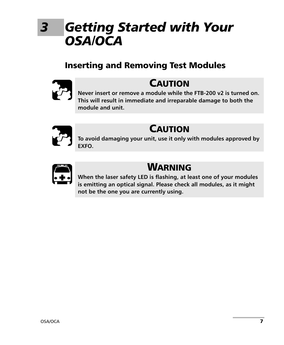 3 getting started with your osa/oca, Inserting and removing test modules, 3getting started with your osa/oca | EXFO FTB-5230S Optical Spectrum Analyzer for FTB 200 v2 User Manual | Page 13 / 251