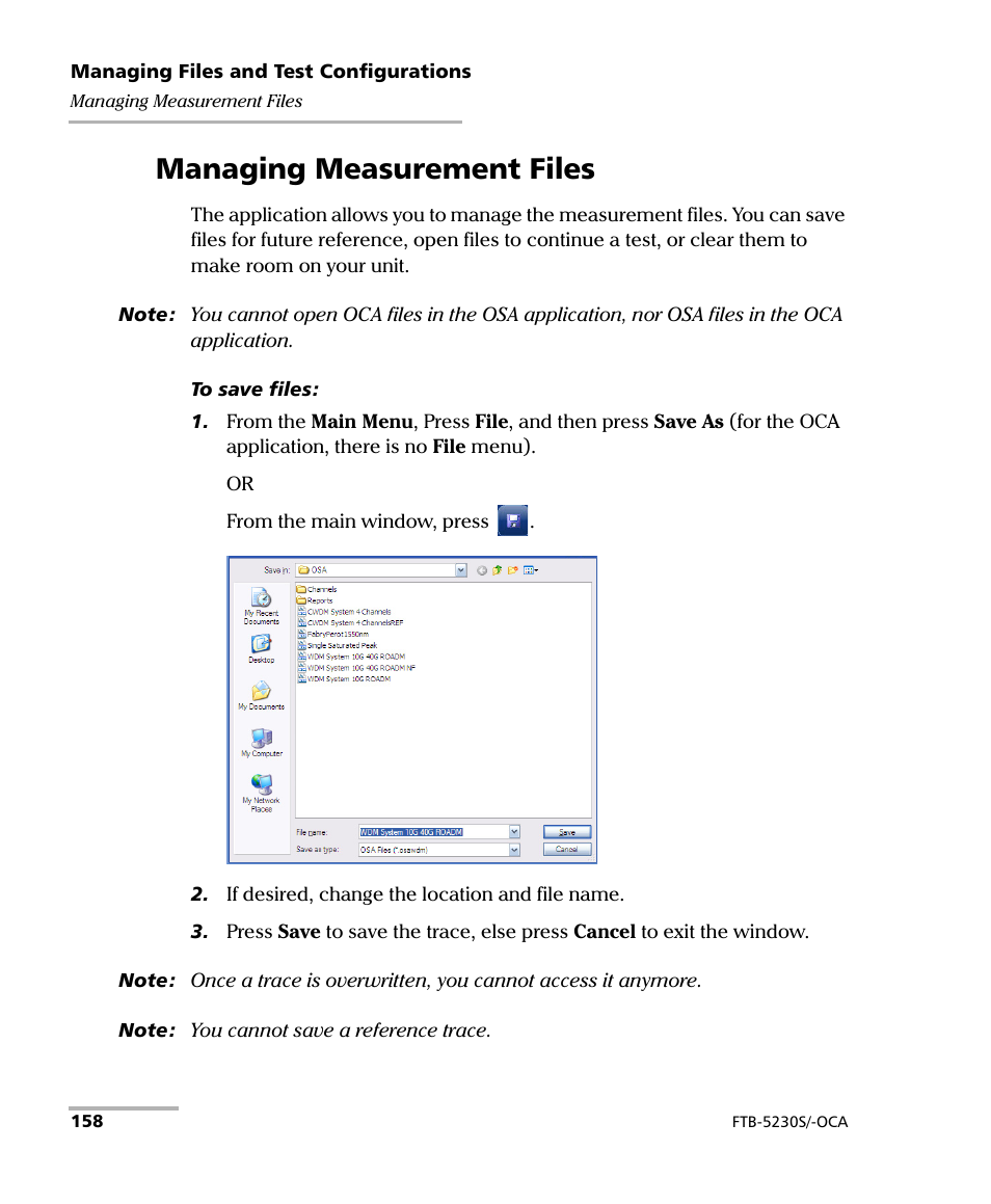 Managing measurement files | EXFO FTB-5230S Optical Spectrum Analyzer for FTB 200 v2 User Manual | Page 164 / 251
