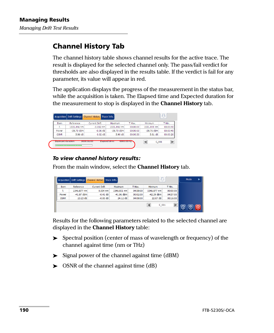 Channel history tab | EXFO FTB-5230S Optical Spectrum Analyzer for FTB 200 v2 User Manual | Page 196 / 251