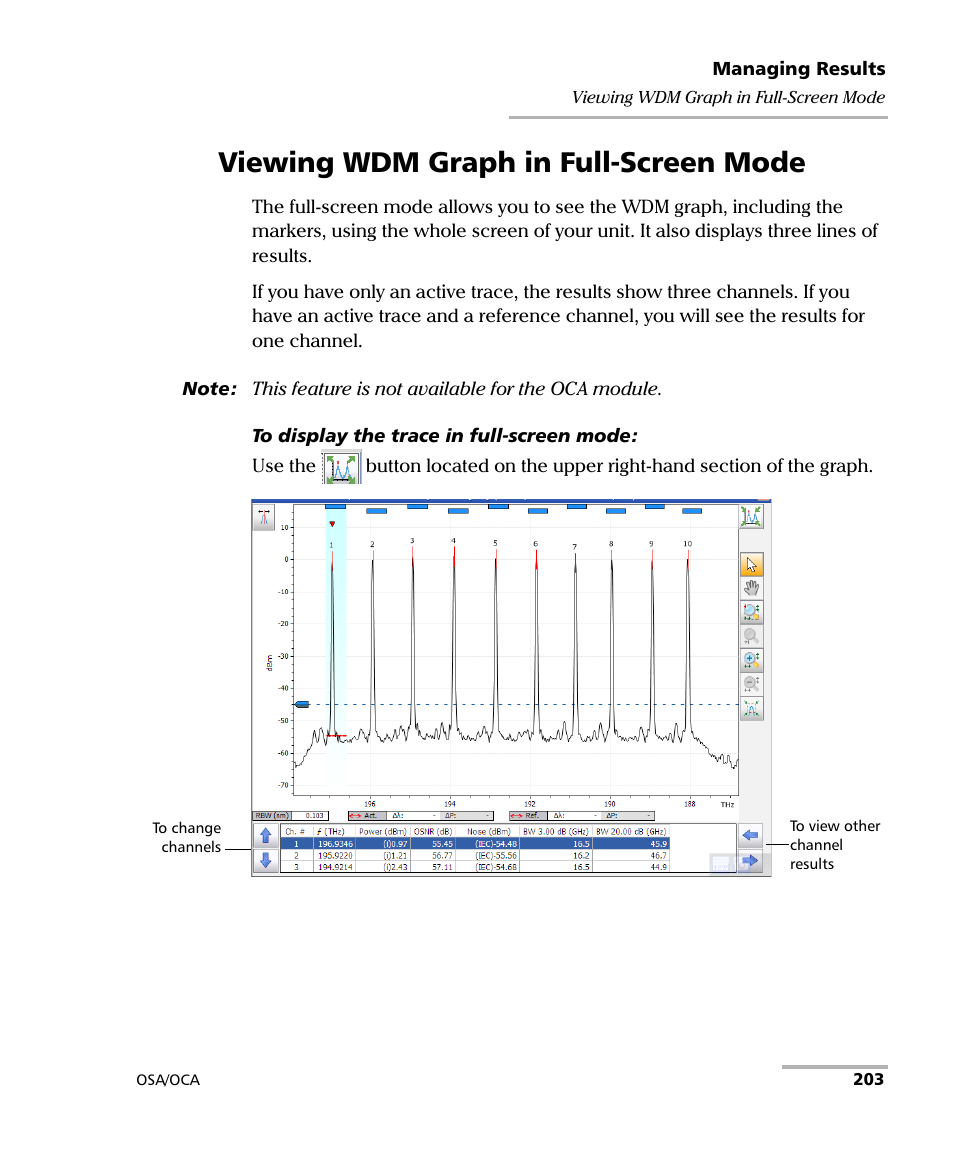 Viewing wdm graph in full-screen mode | EXFO FTB-5230S Optical Spectrum Analyzer for FTB 200 v2 User Manual | Page 209 / 251