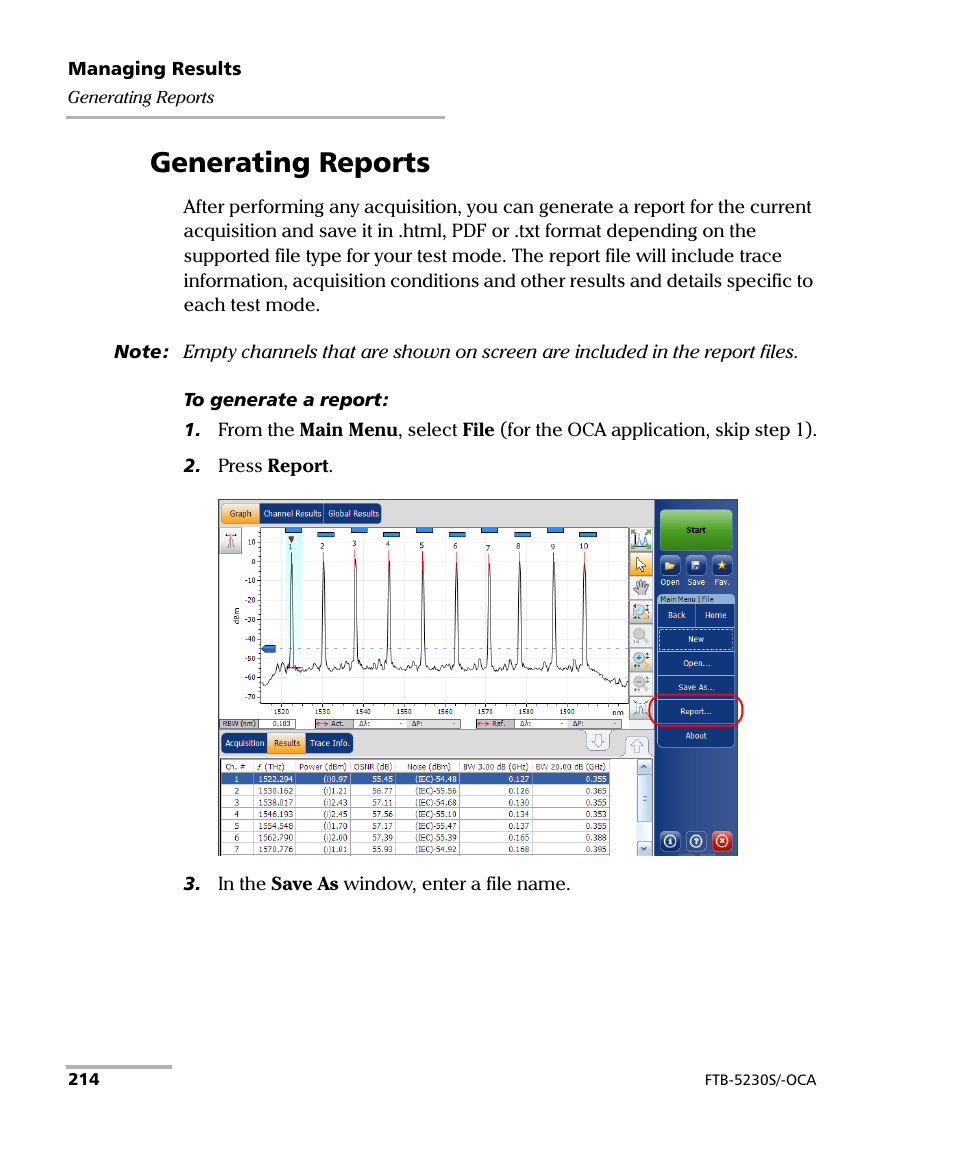 Generating reports | EXFO FTB-5230S Optical Spectrum Analyzer for FTB 200 v2 User Manual | Page 220 / 251