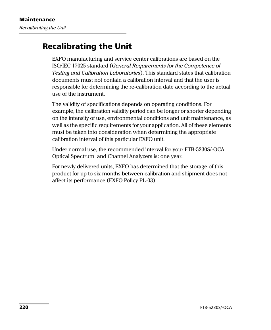 Recalibrating the unit | EXFO FTB-5230S Optical Spectrum Analyzer for FTB 200 v2 User Manual | Page 226 / 251