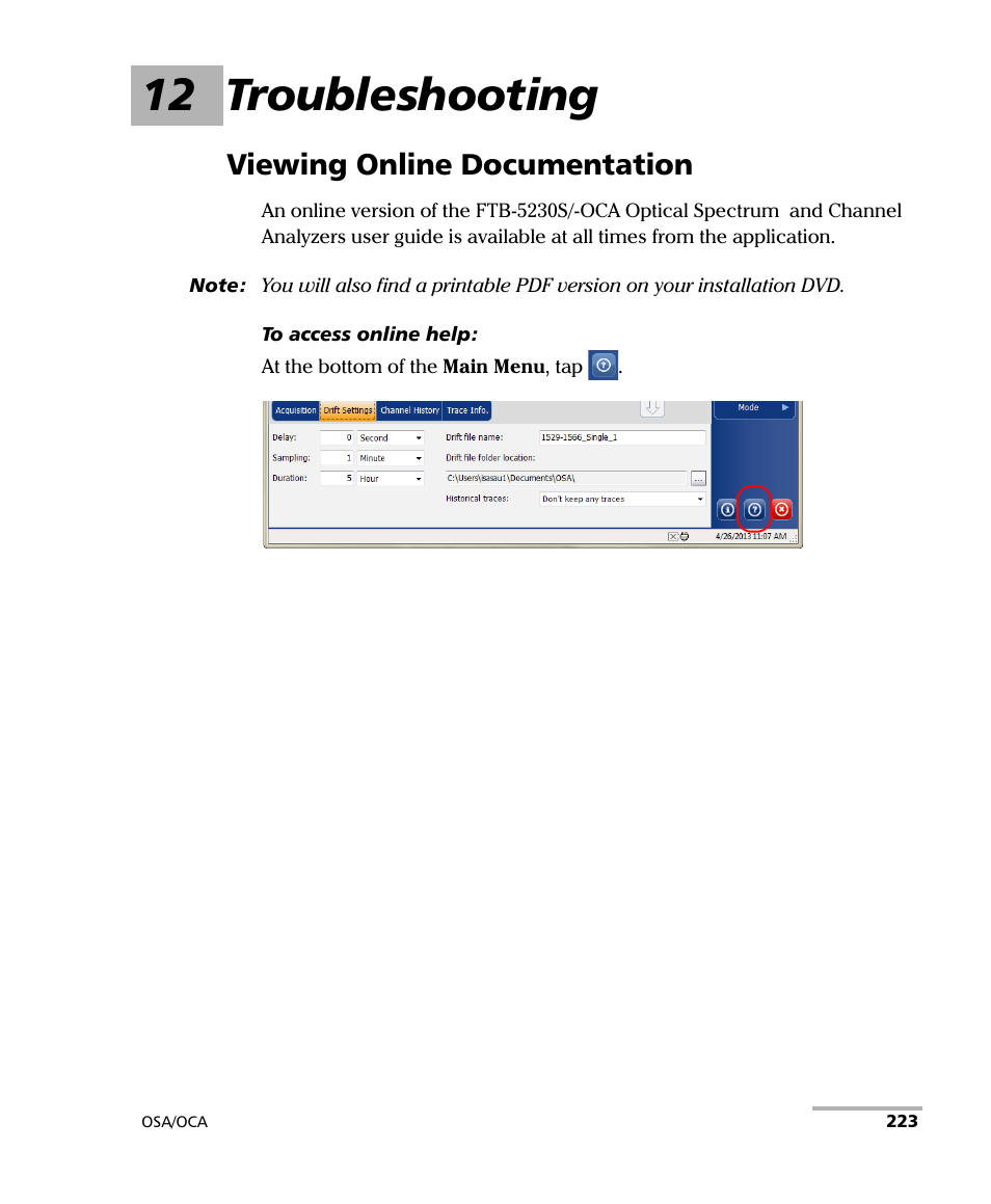 12 troubleshooting, Viewing online documentation | EXFO FTB-5230S Optical Spectrum Analyzer for FTB 200 v2 User Manual | Page 229 / 251