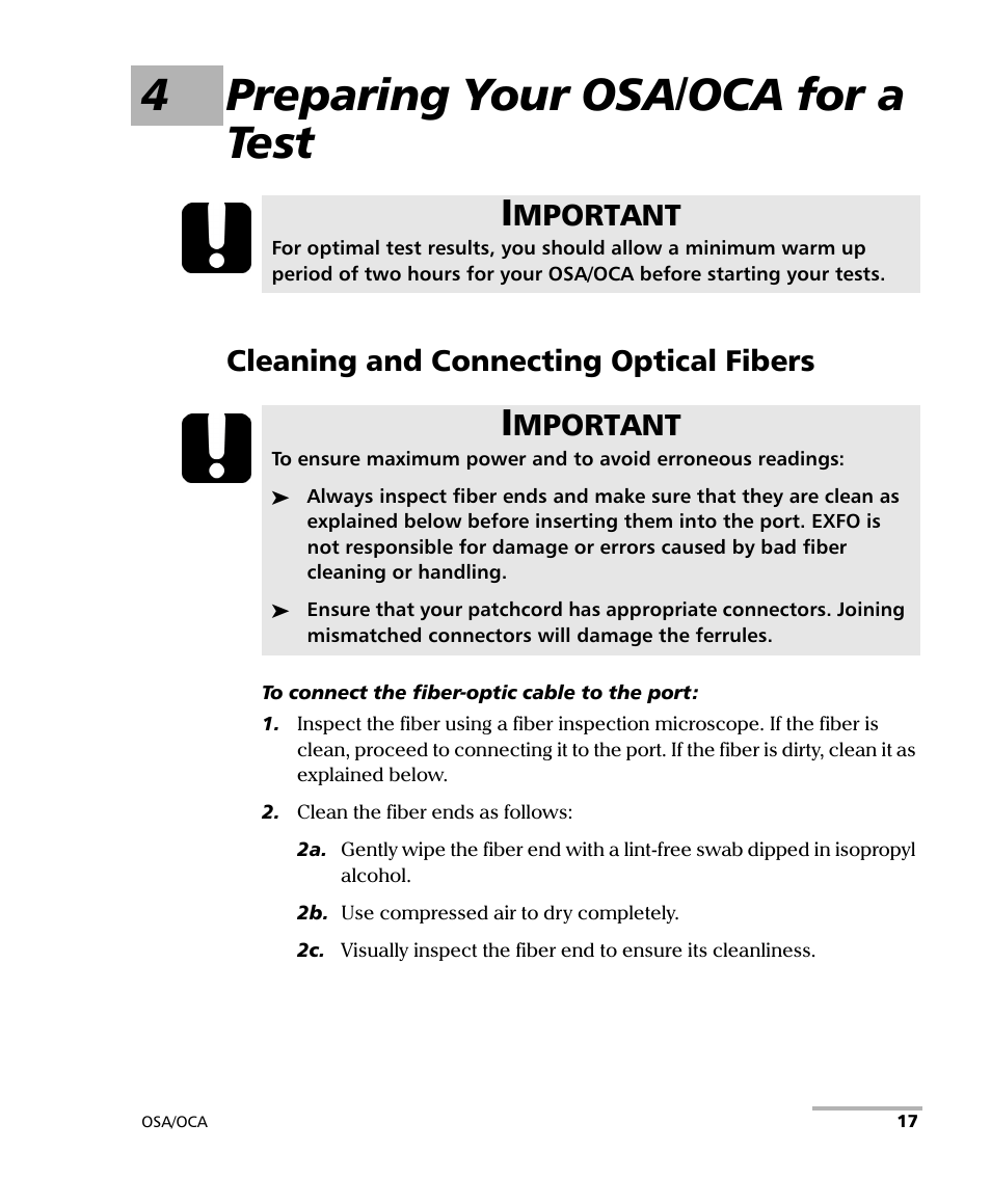 4 preparing your osa/oca for a test, Cleaning and connecting optical fibers, 4preparing your osa/oca for a test | Mportant | EXFO FTB-5230S Optical Spectrum Analyzer for FTB 200 v2 User Manual | Page 23 / 251