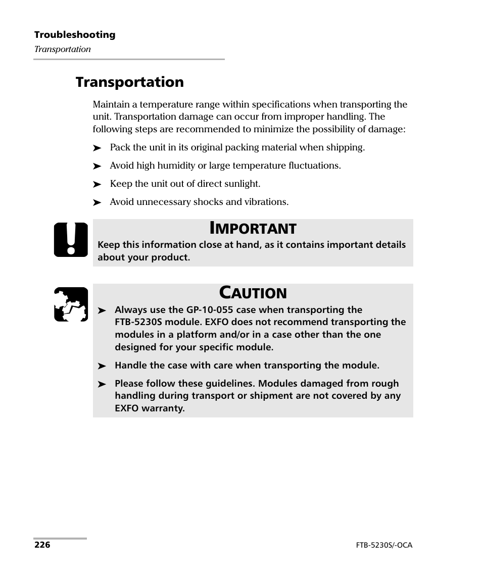 Transportation, Mportant, Aution | EXFO FTB-5230S Optical Spectrum Analyzer for FTB 200 v2 User Manual | Page 232 / 251