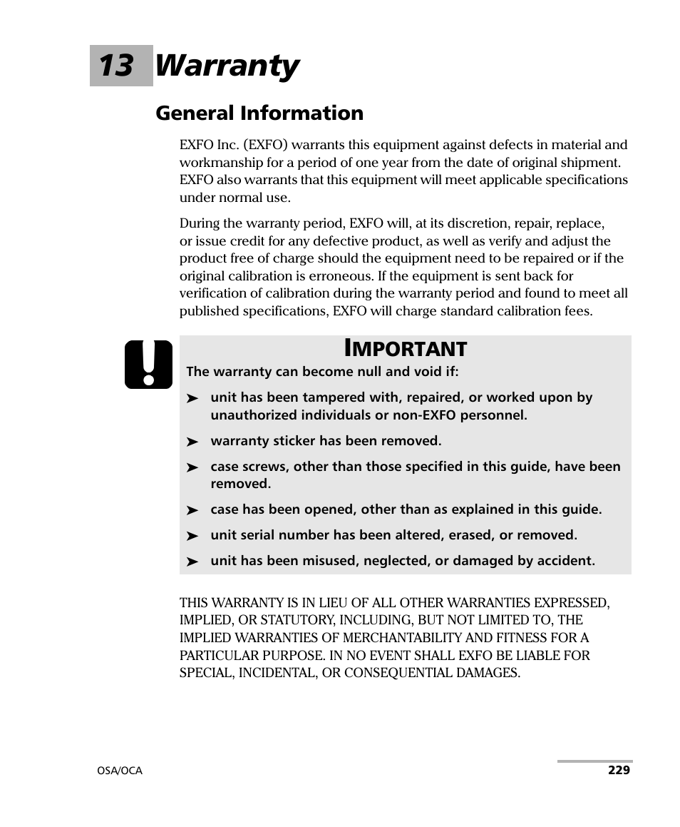 13 warranty, General information, Mportant | EXFO FTB-5230S Optical Spectrum Analyzer for FTB 200 v2 User Manual | Page 235 / 251