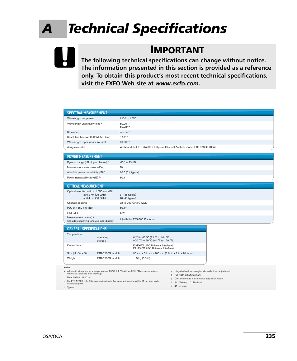 A technical specifications, Mportant, Specifications | Osa/oca, Power measurement, Spectral measurement, General specifications, Upgrades, Laser safety, Optical measurement | EXFO FTB-5230S Optical Spectrum Analyzer for FTB 200 v2 User Manual | Page 241 / 251