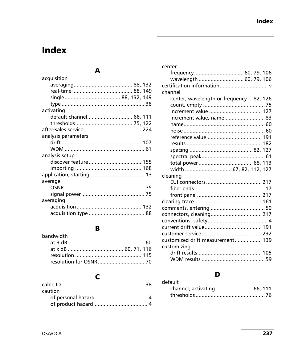 Index | EXFO FTB-5230S Optical Spectrum Analyzer for FTB 200 v2 User Manual | Page 243 / 251