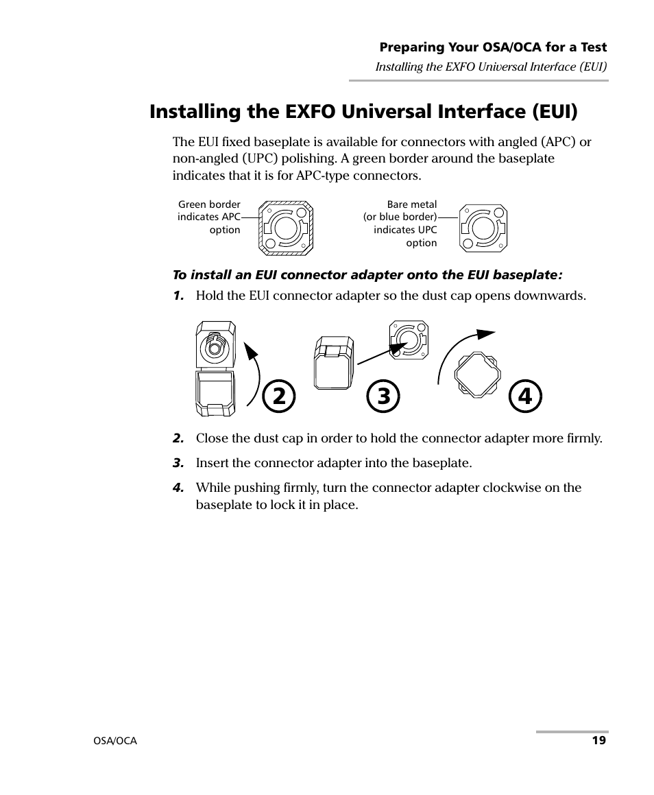 Installing the exfo universal interface (eui) | EXFO FTB-5230S Optical Spectrum Analyzer for FTB 200 v2 User Manual | Page 25 / 251