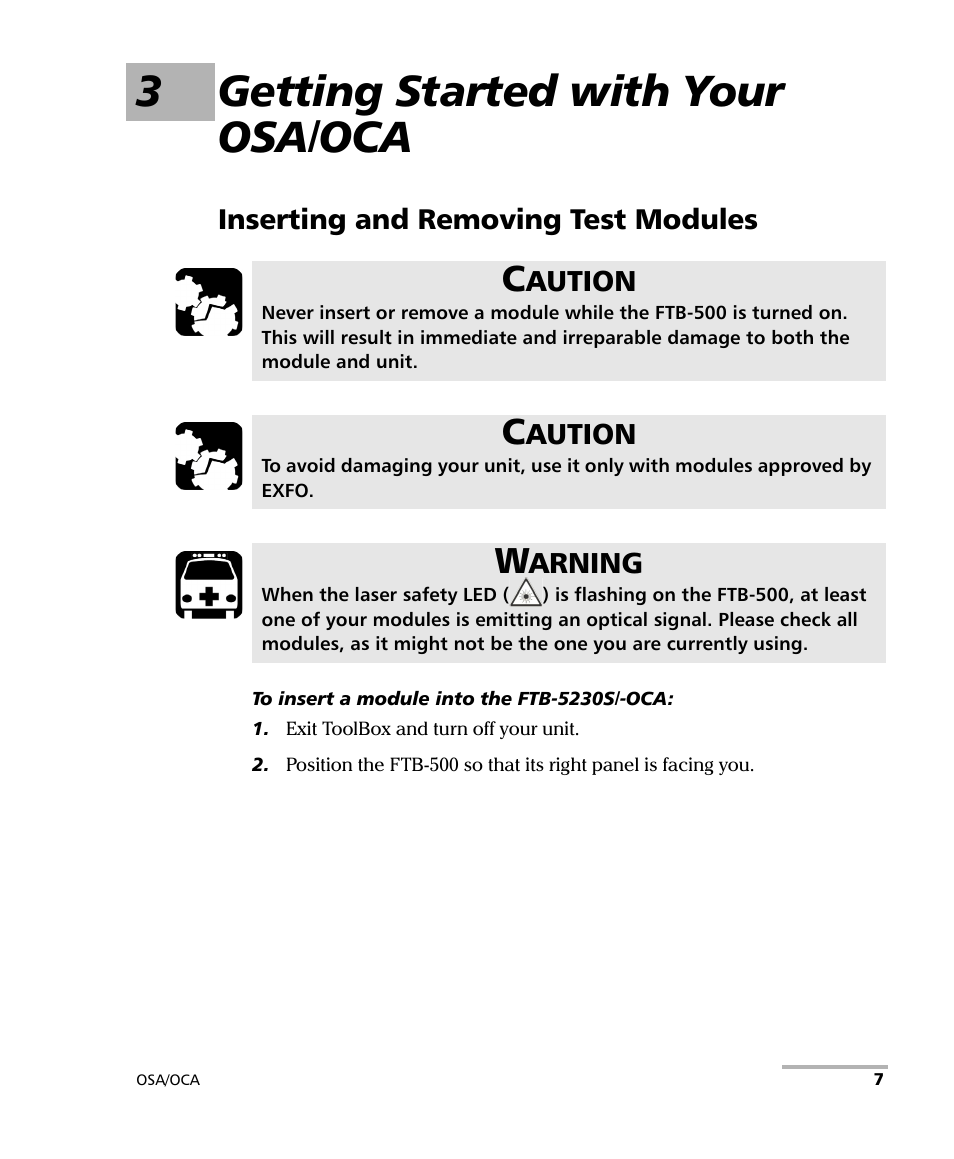 3 getting started with your osa/oca, Inserting and removing test modules, 3getting started with your osa/oca | EXFO FTB-5230S Optical Spectrum Analyzer for FTB-500 User Manual | Page 13 / 251