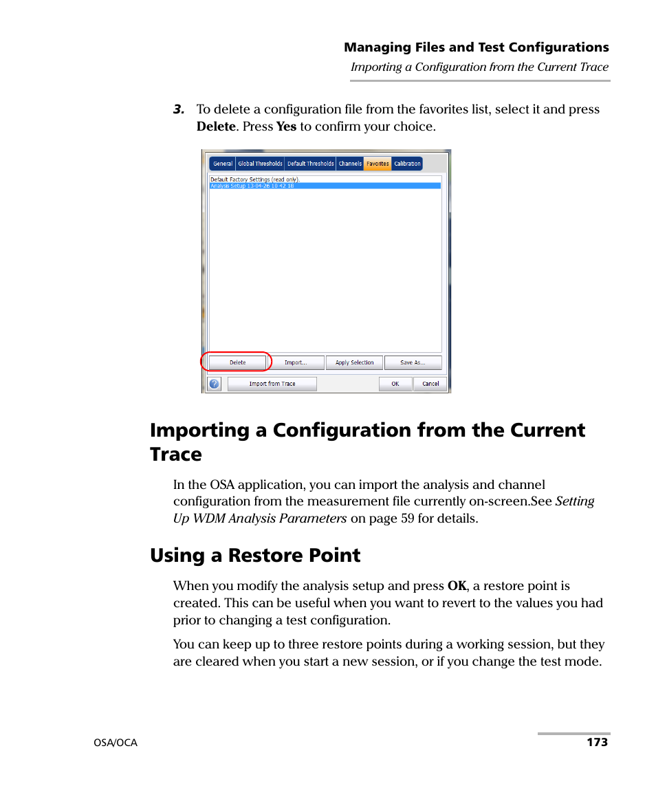 Importing a configuration from the current trace, Using a restore point | EXFO FTB-5230S Optical Spectrum Analyzer for FTB-500 User Manual | Page 179 / 251