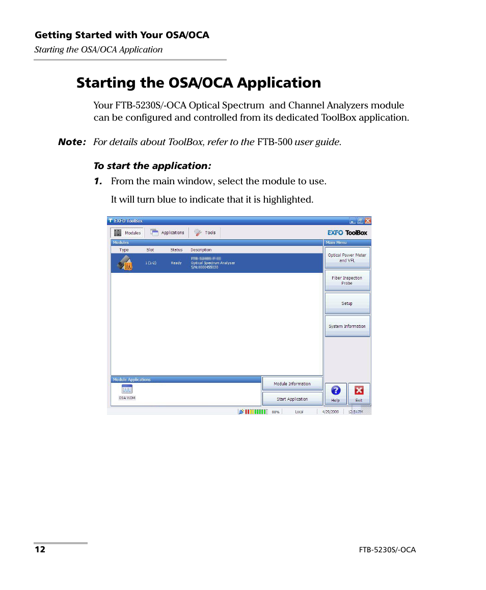 Starting the osa/oca application | EXFO FTB-5230S Optical Spectrum Analyzer for FTB-500 User Manual | Page 18 / 251