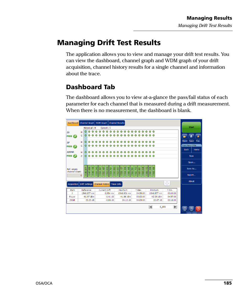 Managing drift test results, Dashboard tab | EXFO FTB-5230S Optical Spectrum Analyzer for FTB-500 User Manual | Page 191 / 251
