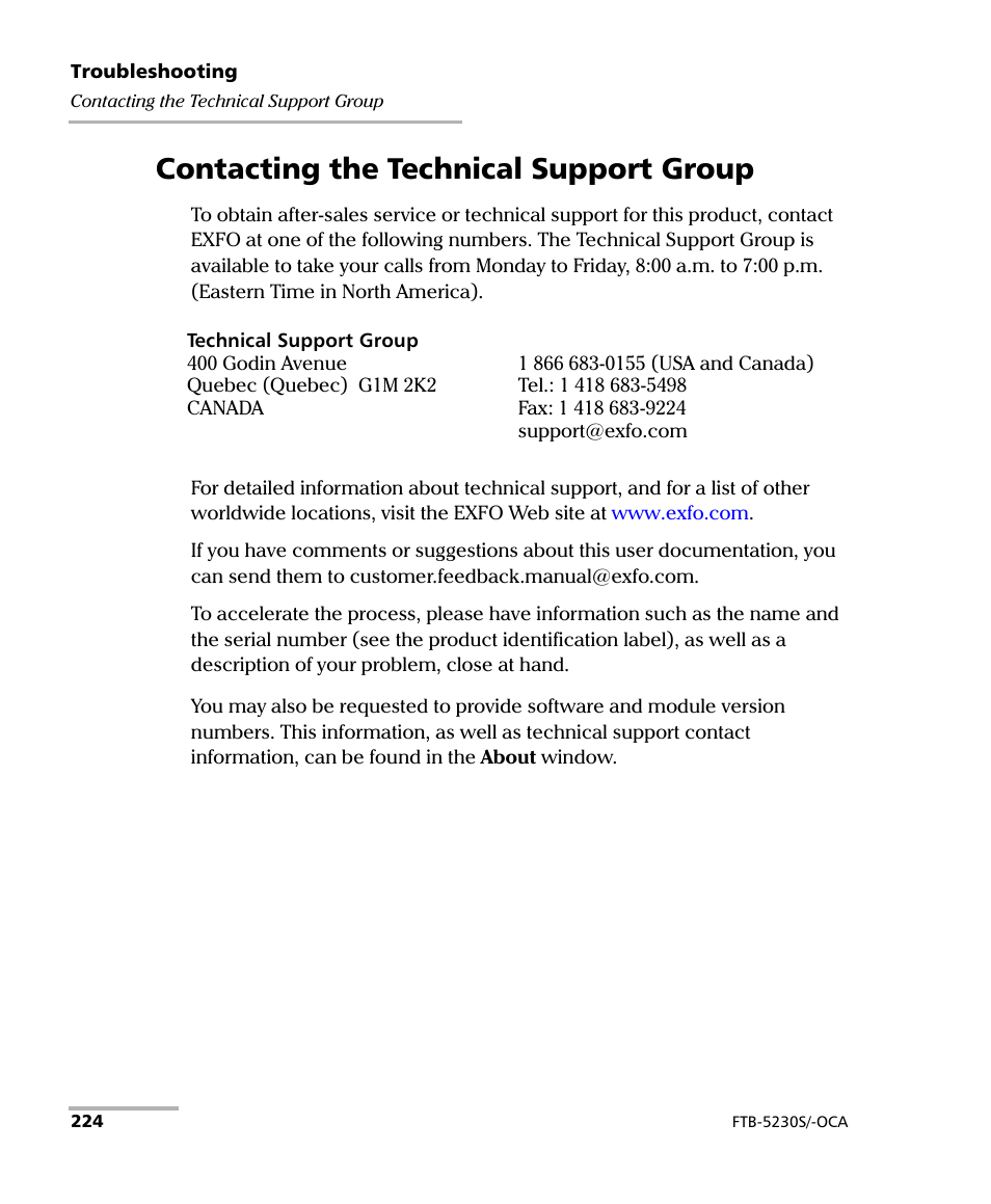 Contacting the technical support group | EXFO FTB-5230S Optical Spectrum Analyzer for FTB-500 User Manual | Page 230 / 251