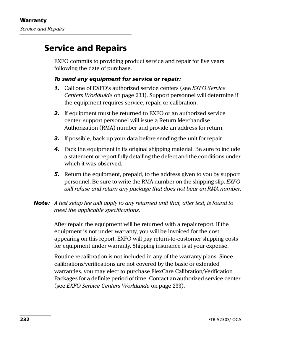 Service and repairs | EXFO FTB-5230S Optical Spectrum Analyzer for FTB-500 User Manual | Page 238 / 251