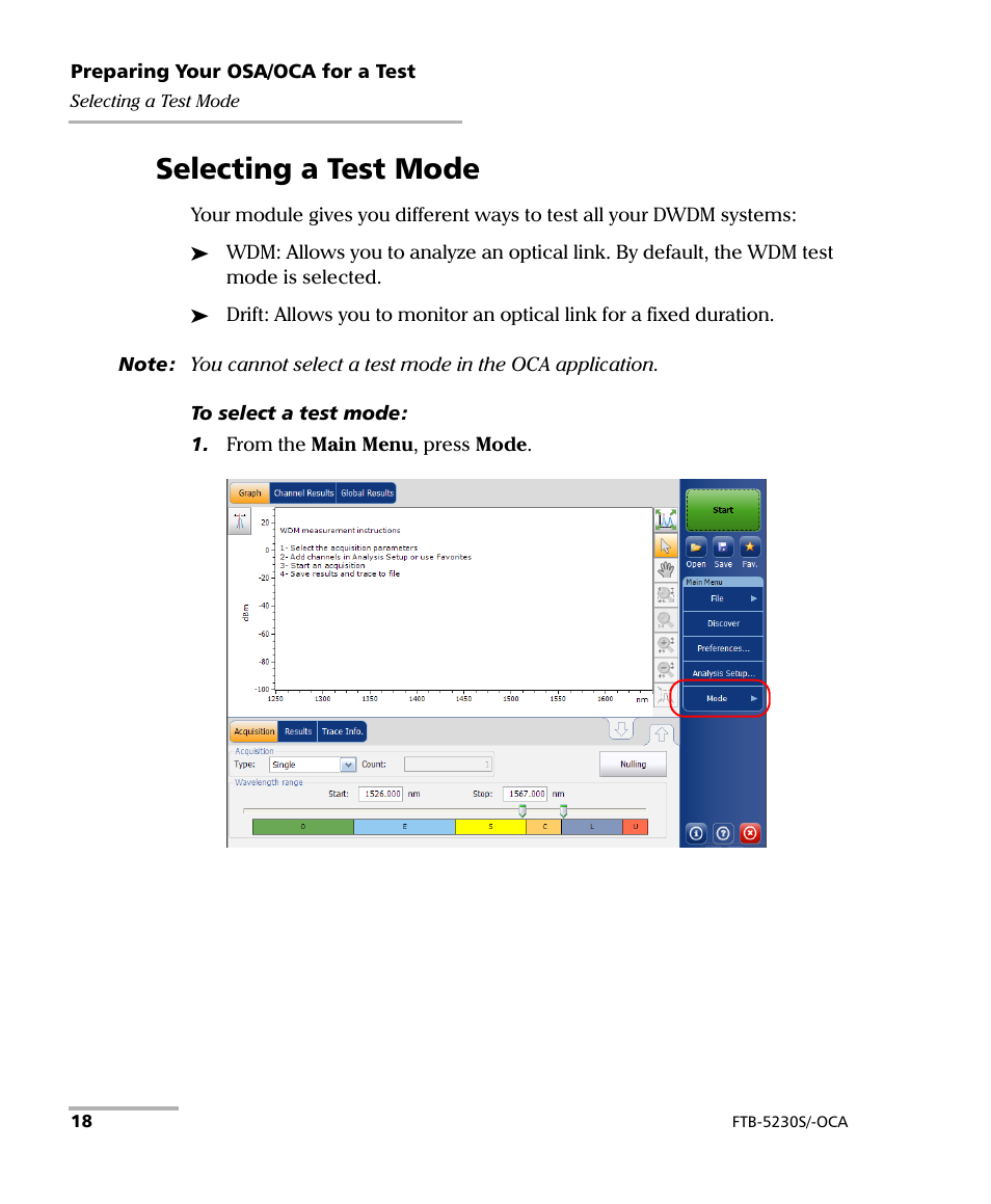 Selecting a test mode | EXFO FTB-5230S Optical Spectrum Analyzer for FTB-500 User Manual | Page 24 / 251