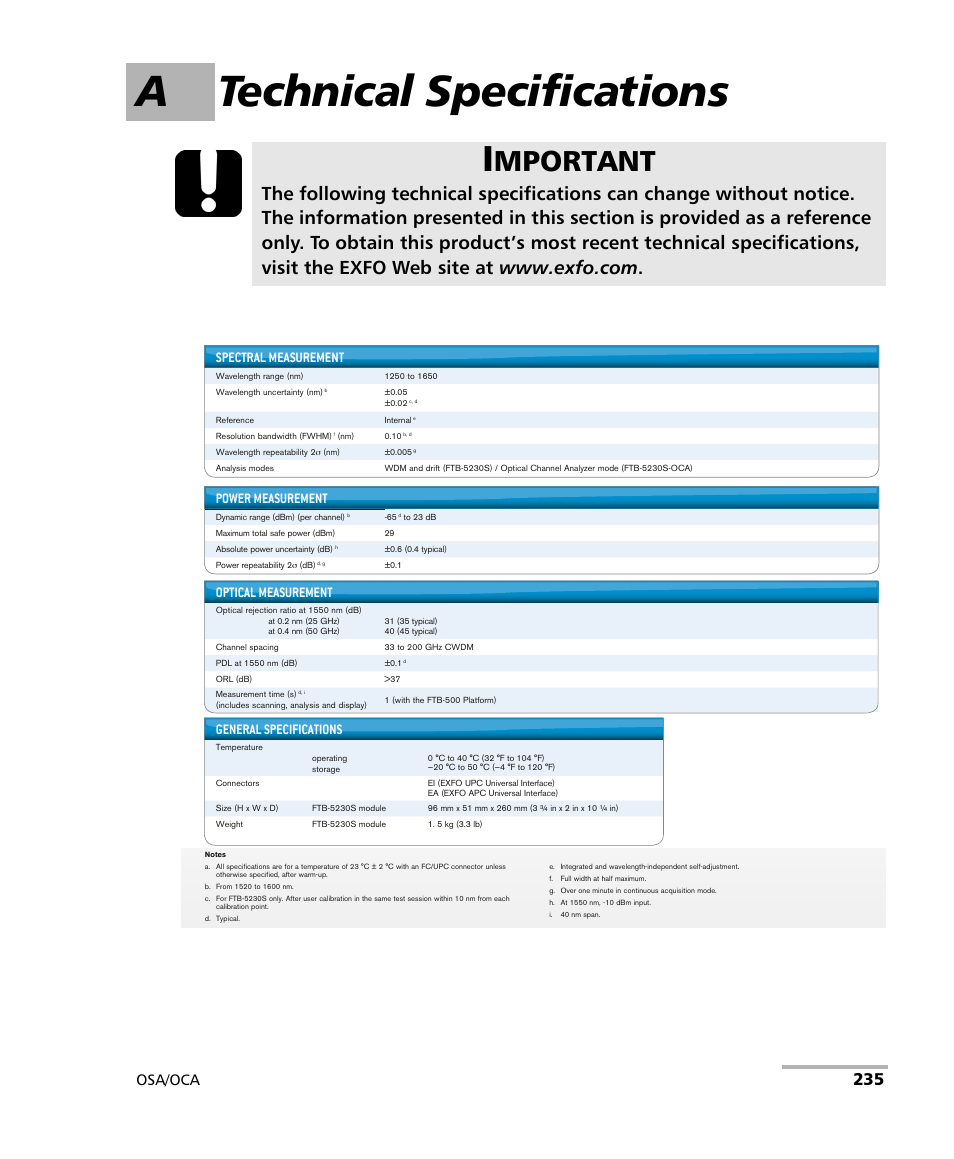 A technical specifications, Mportant, Osa/oca | Power measurement, Spectral measurement, General specifications, Upgrades, Laser safety, Optical measurement | EXFO FTB-5230S Optical Spectrum Analyzer for FTB-500 User Manual | Page 241 / 251
