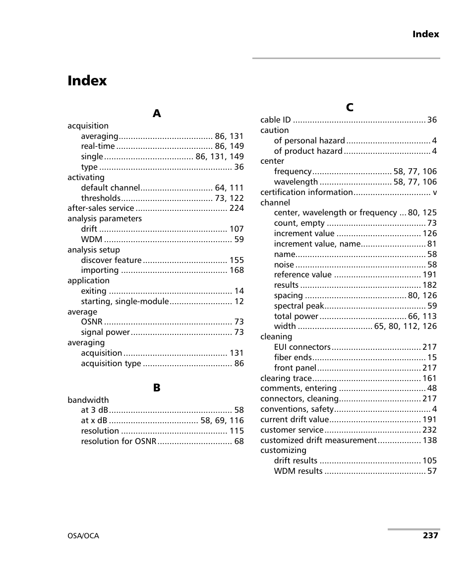 Index | EXFO FTB-5230S Optical Spectrum Analyzer for FTB-500 User Manual | Page 243 / 251
