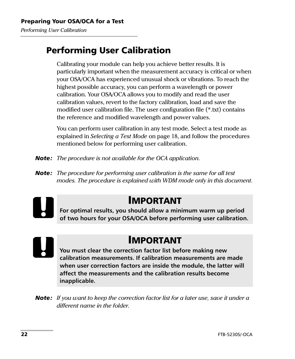 Performing user calibration, Mportant | EXFO FTB-5230S Optical Spectrum Analyzer for FTB-500 User Manual | Page 28 / 251