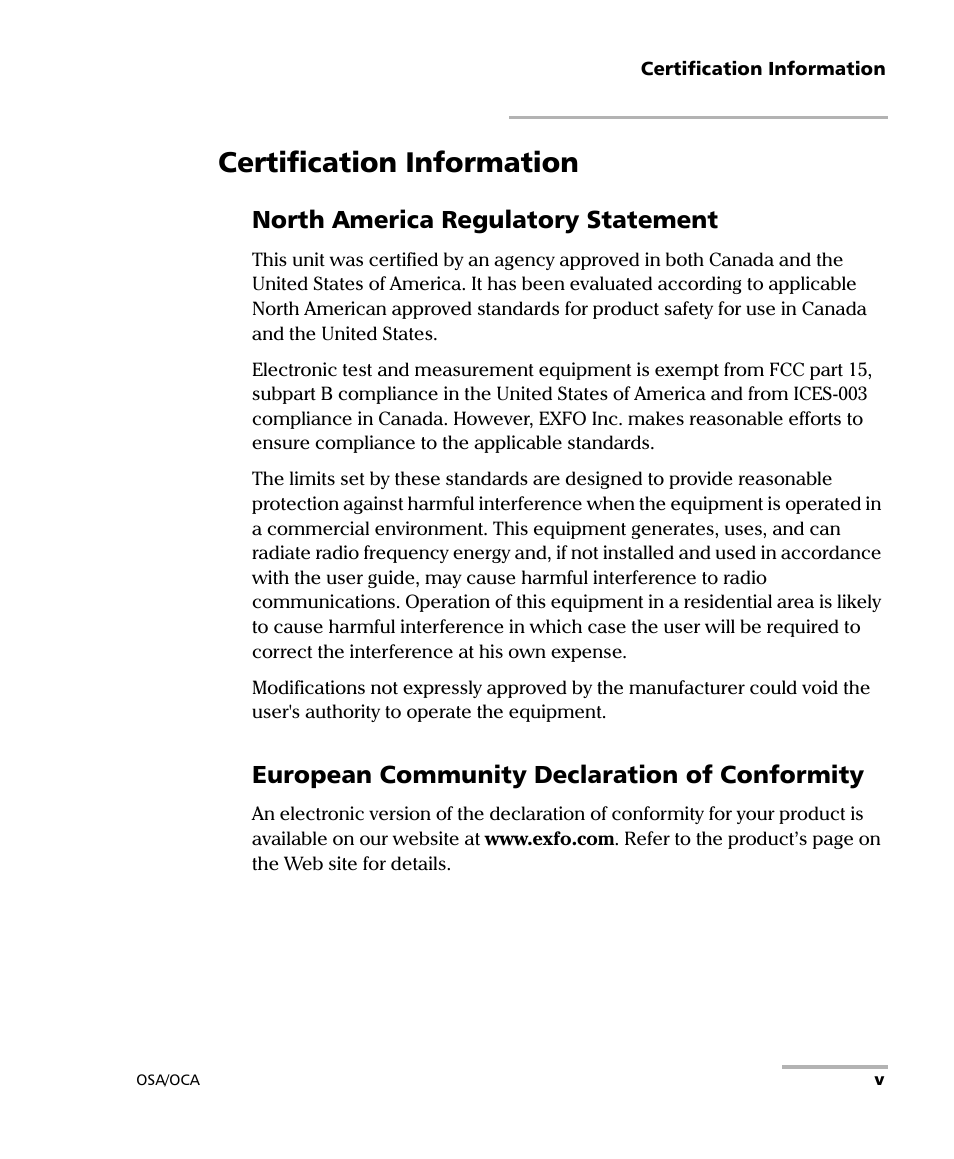 Certification information, North america regulatory statement, European community declaration of conformity | EXFO FTB-5230S Optical Spectrum Analyzer for FTB-500 User Manual | Page 5 / 251
