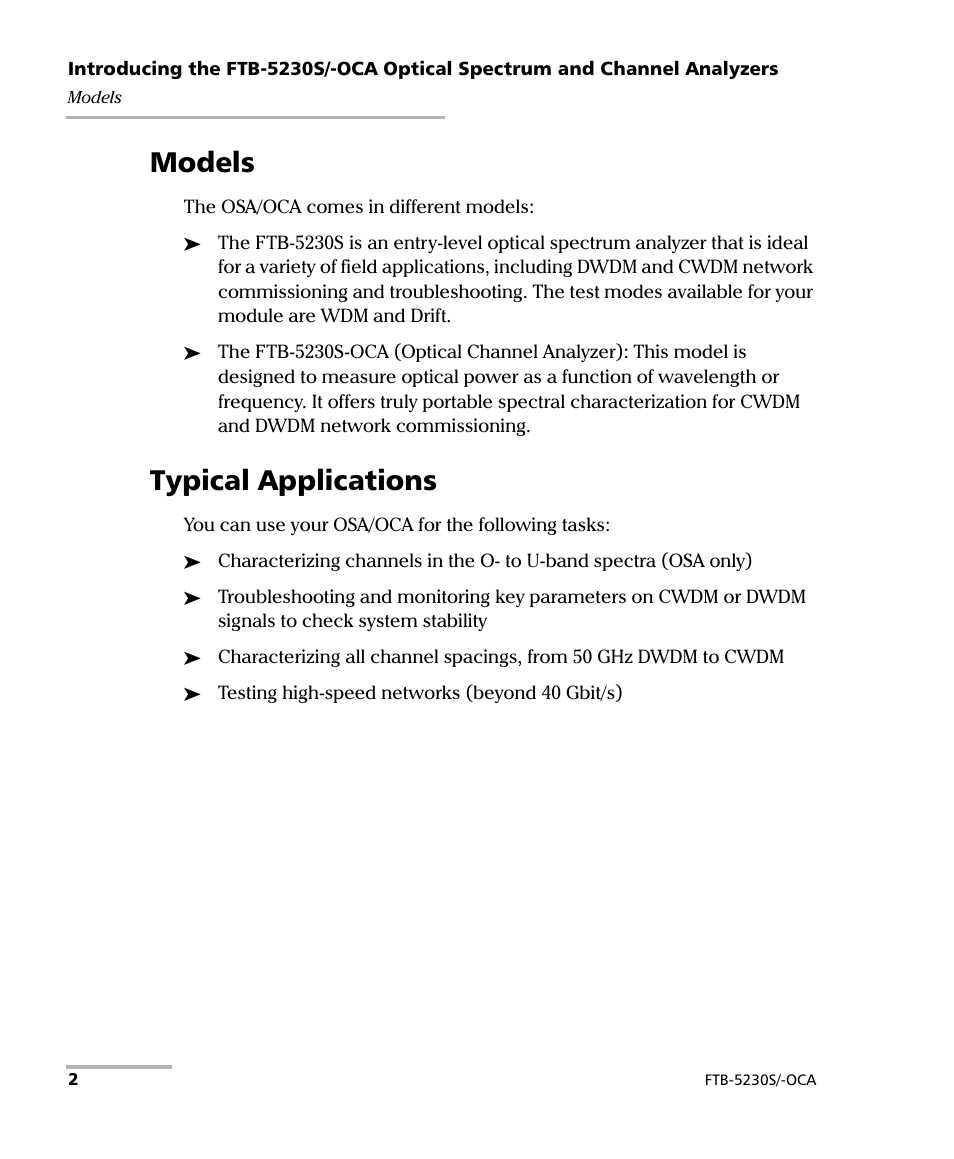 Models, Typical applications, Models typical applications | EXFO FTB-5230S Optical Spectrum Analyzer for FTB-500 User Manual | Page 8 / 251