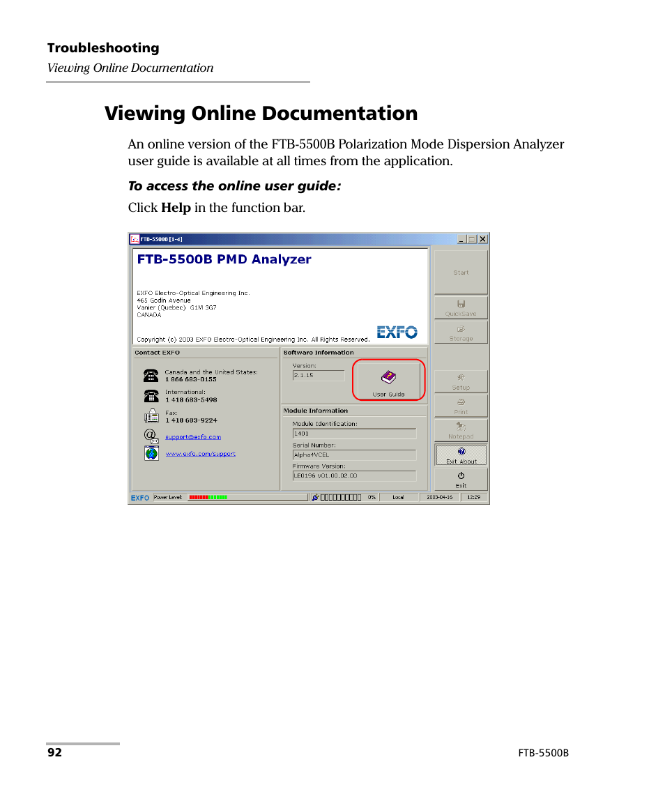 Viewing online documentation | EXFO FTB-5500B PMD Analyzer User Manual | Page 100 / 121