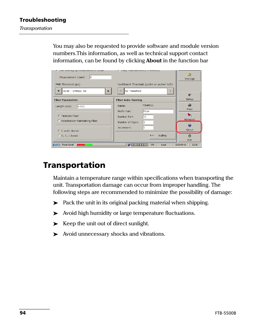 Transportation | EXFO FTB-5500B PMD Analyzer User Manual | Page 102 / 121