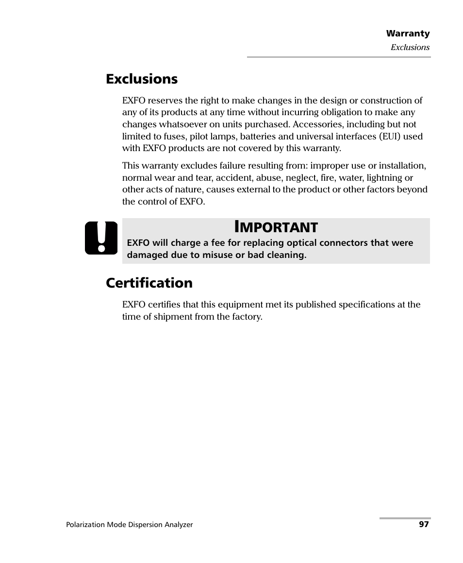 Exclusions, Certification, Exclusions certification | Mportant | EXFO FTB-5500B PMD Analyzer User Manual | Page 105 / 121