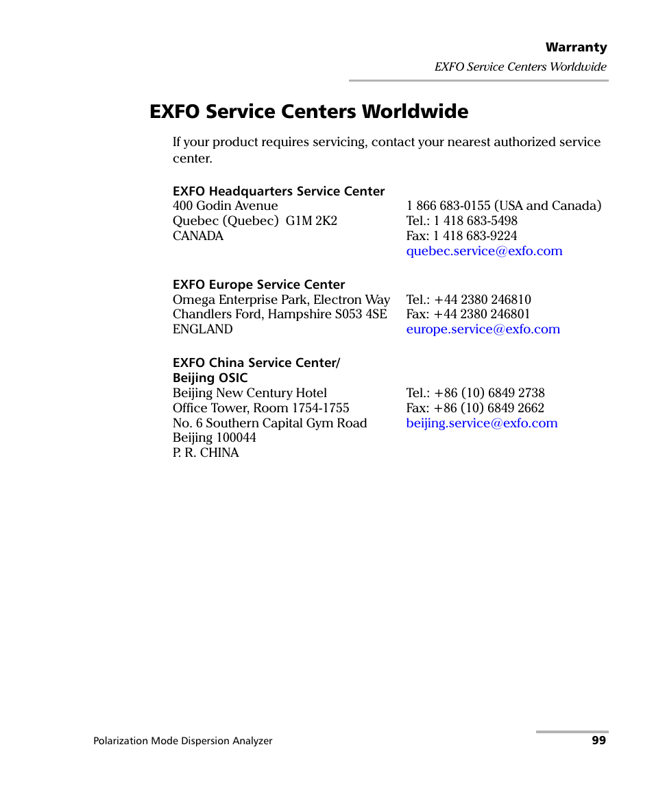 Exfo service centers worldwide | EXFO FTB-5500B PMD Analyzer User Manual | Page 107 / 121