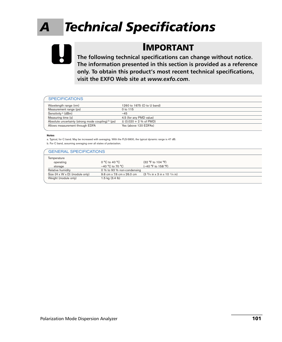 A technical specifications, Mportant | EXFO FTB-5500B PMD Analyzer User Manual | Page 109 / 121