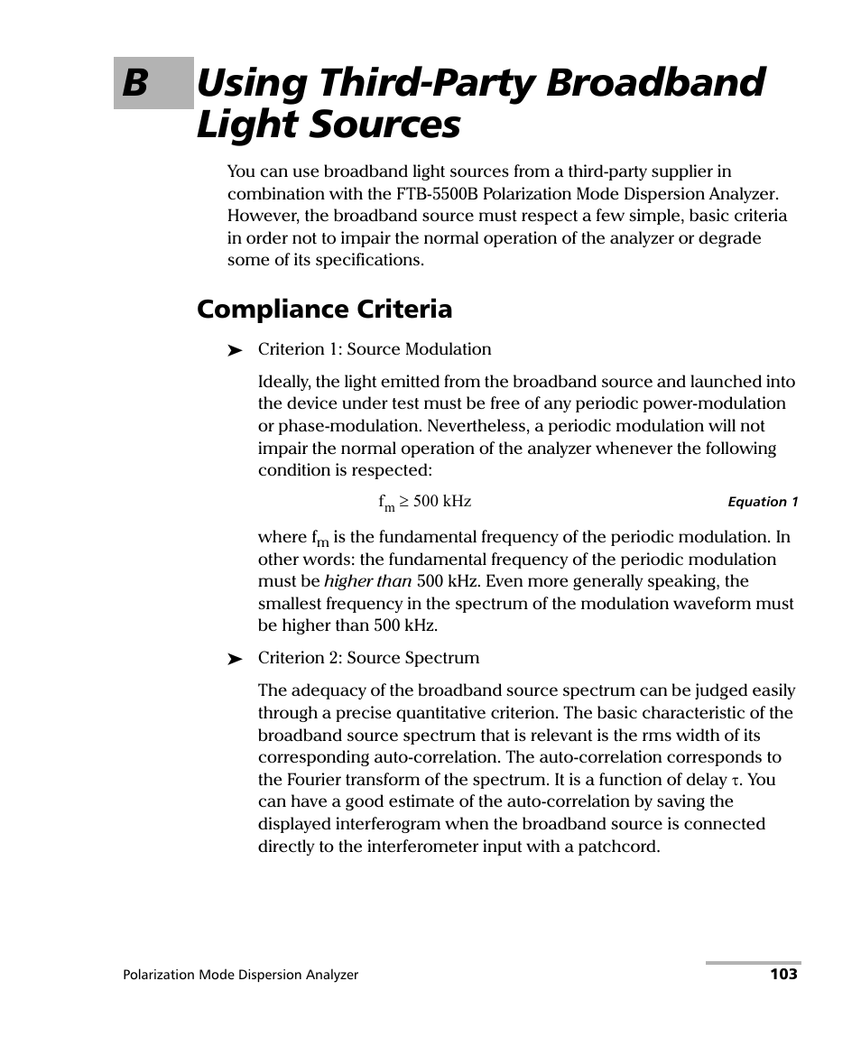 B using third-party broadband light sources, Compliance criteria | EXFO FTB-5500B PMD Analyzer User Manual | Page 111 / 121