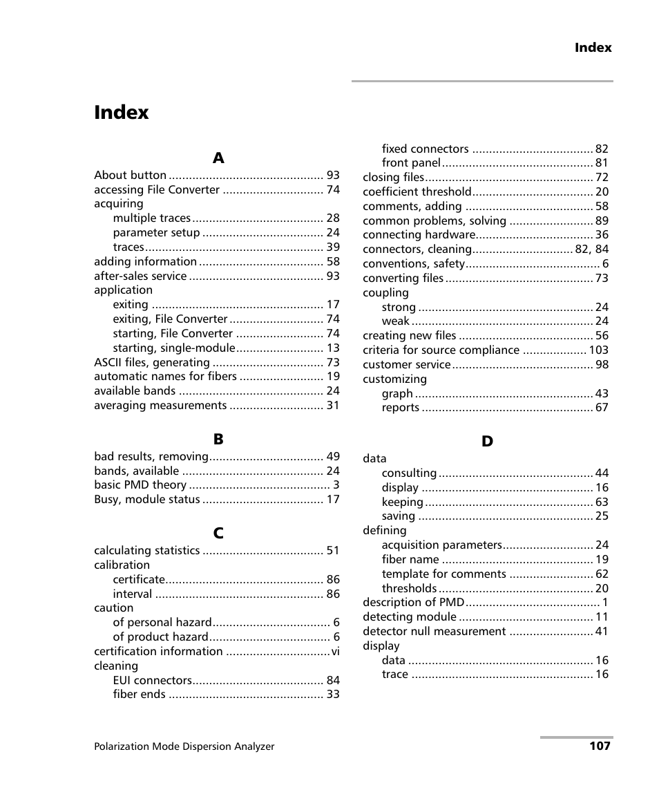 Index | EXFO FTB-5500B PMD Analyzer User Manual | Page 115 / 121