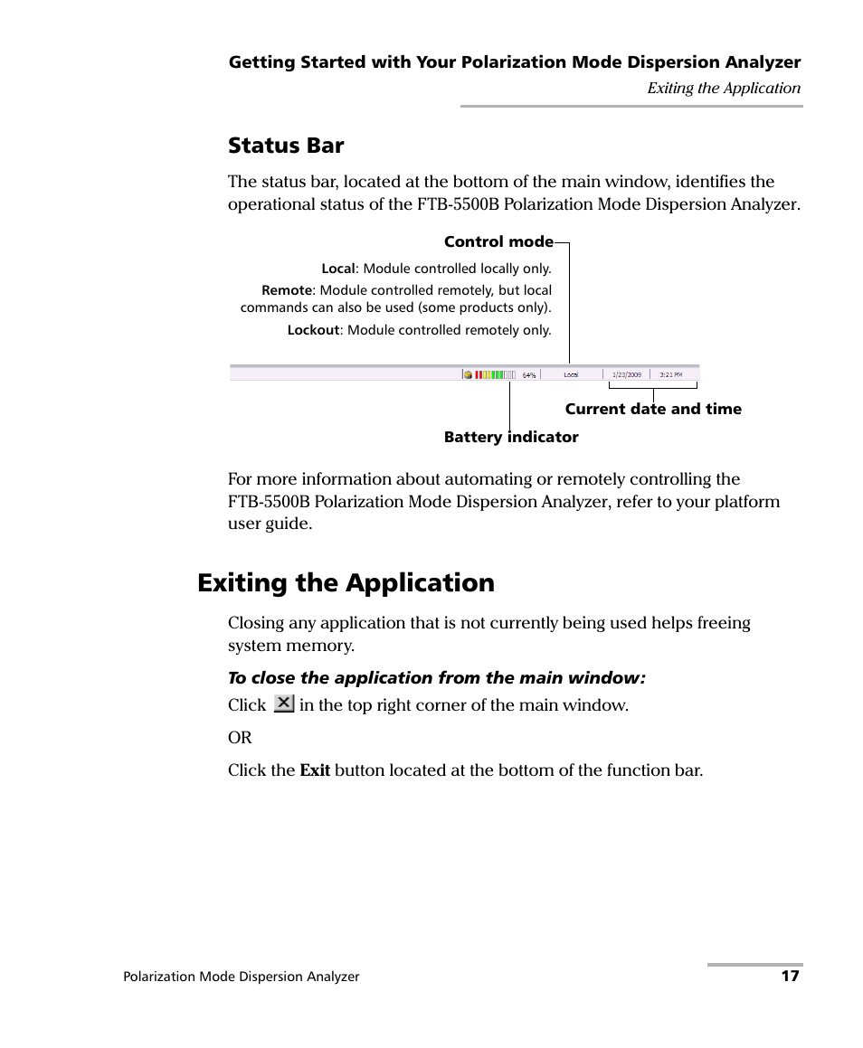 Exiting the application, Status bar | EXFO FTB-5500B PMD Analyzer User Manual | Page 25 / 121