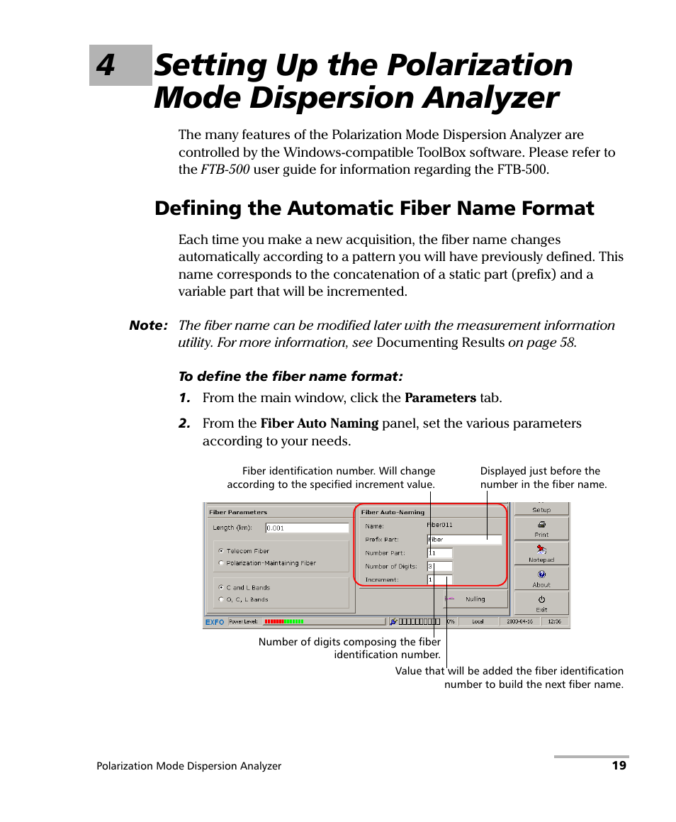 Defining the automatic fiber name format | EXFO FTB-5500B PMD Analyzer User Manual | Page 27 / 121