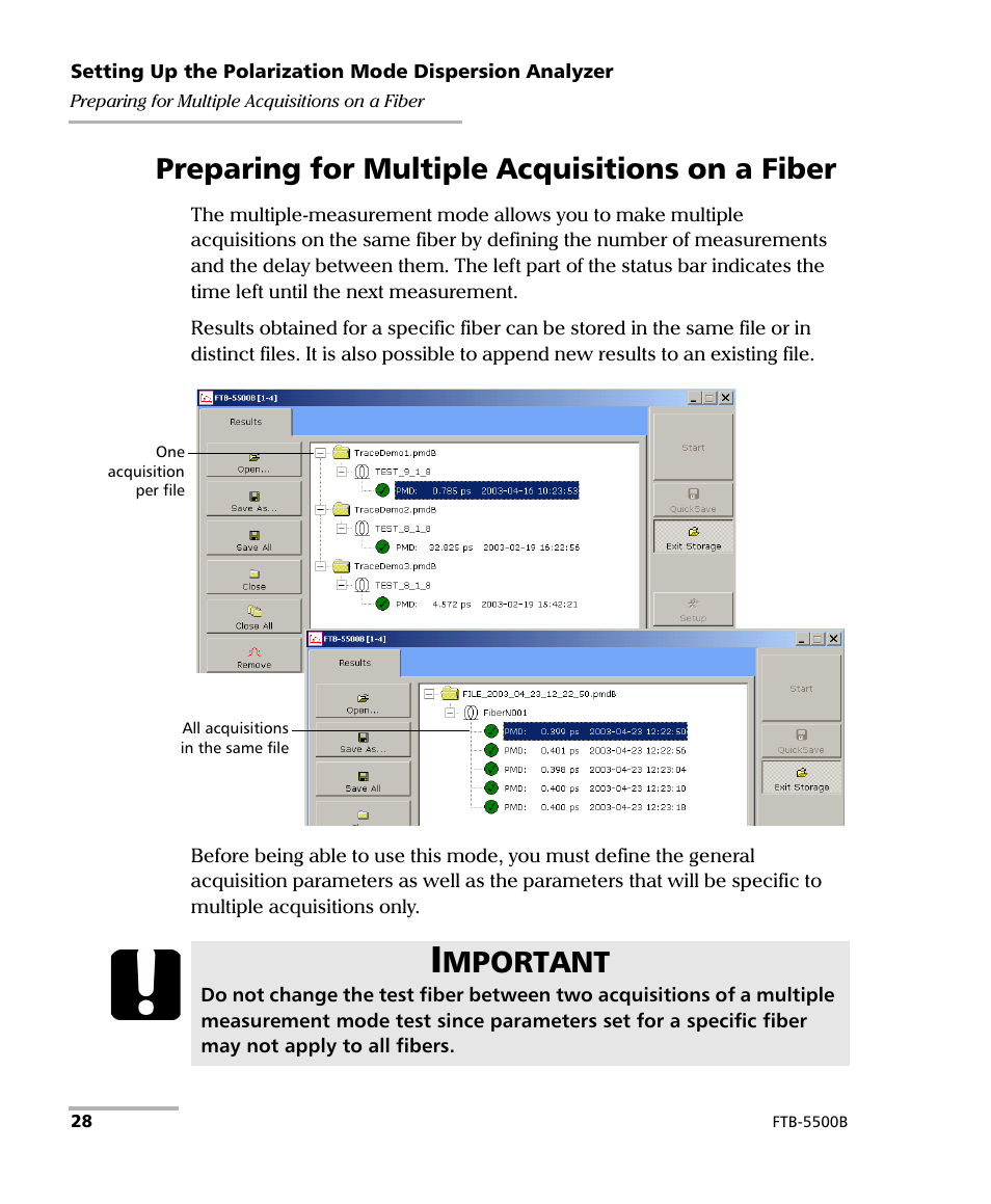 Preparing for multiple acquisitions on a fiber, Mportant | EXFO FTB-5500B PMD Analyzer User Manual | Page 36 / 121