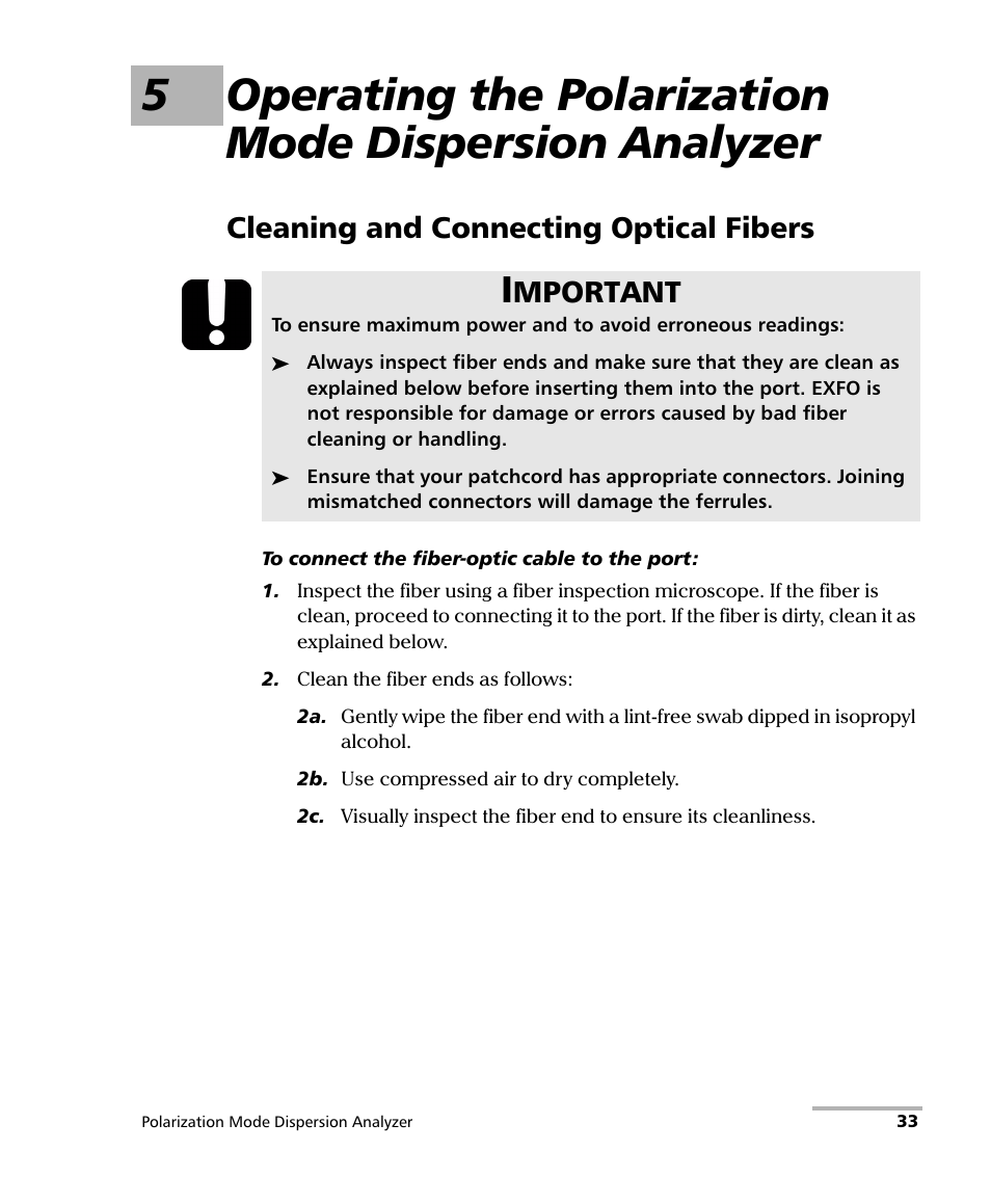 Cleaning and connecting optical fibers, Mportant | EXFO FTB-5500B PMD Analyzer User Manual | Page 41 / 121