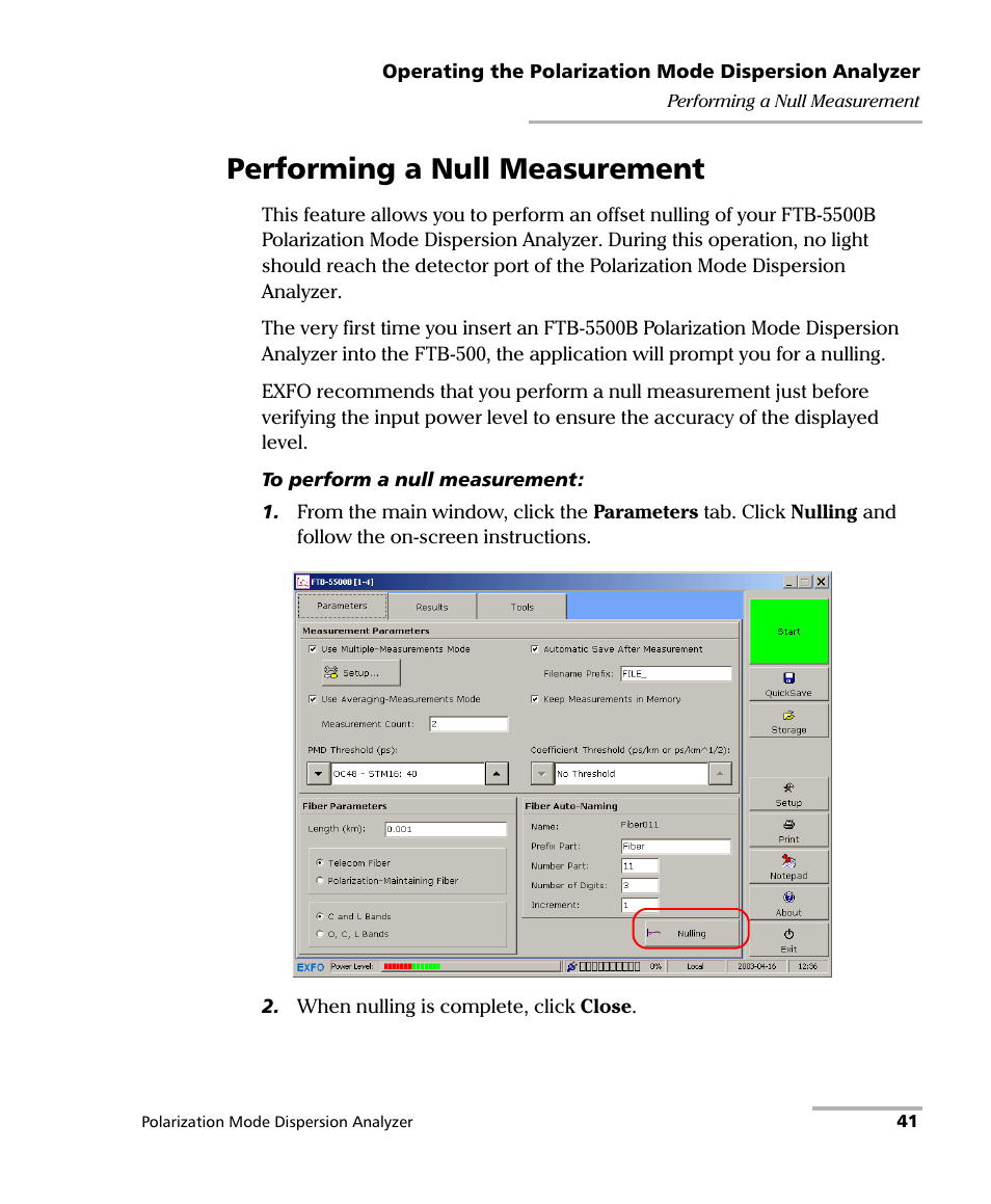 Performing a null measurement | EXFO FTB-5500B PMD Analyzer User Manual | Page 49 / 121