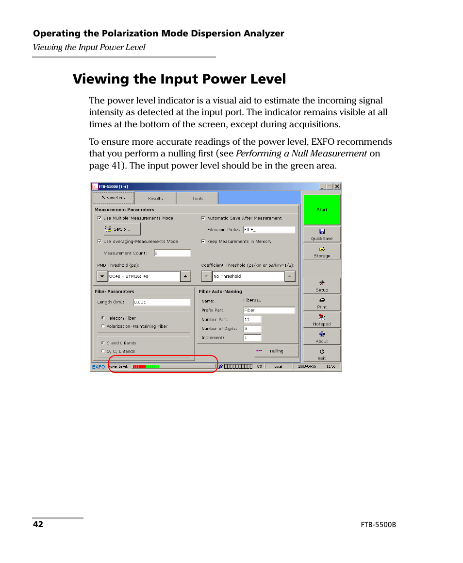 Viewing the input power level | EXFO FTB-5500B PMD Analyzer User Manual | Page 50 / 121