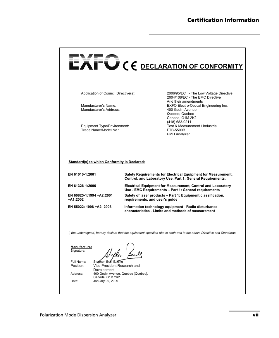Declaration of conformity, Certification information | EXFO FTB-5500B PMD Analyzer User Manual | Page 7 / 121