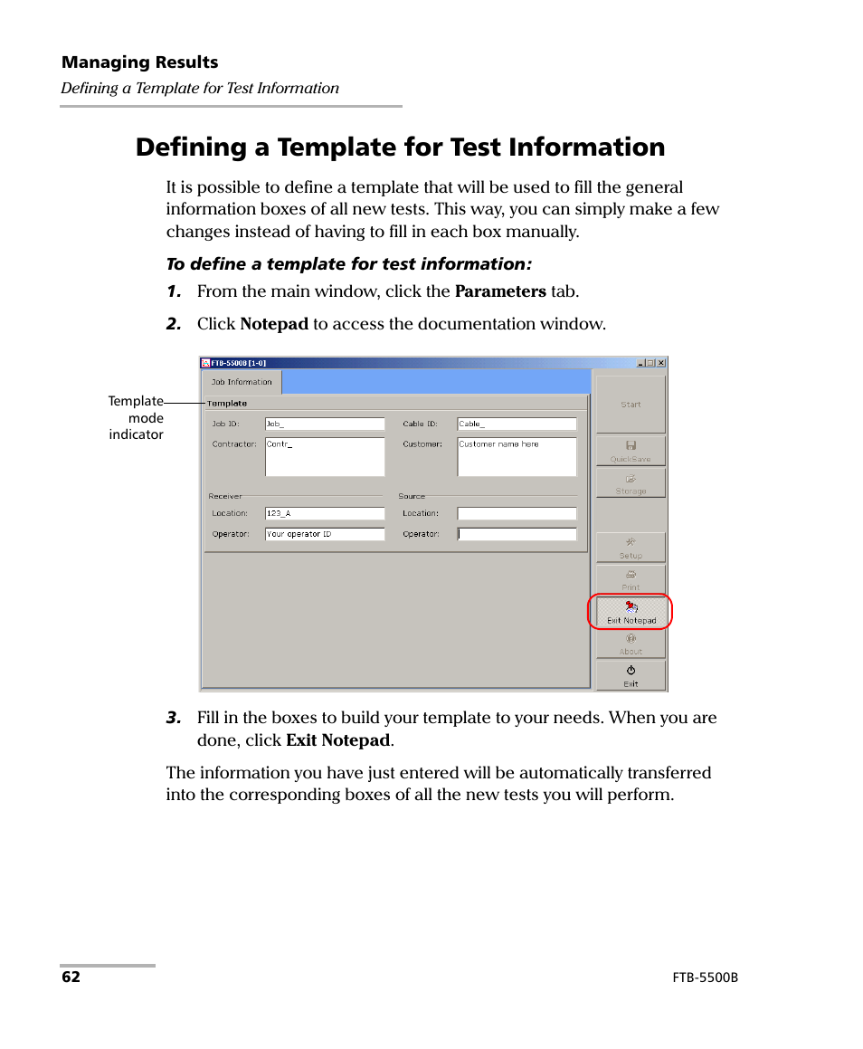Defining a template for test information | EXFO FTB-5500B PMD Analyzer User Manual | Page 70 / 121
