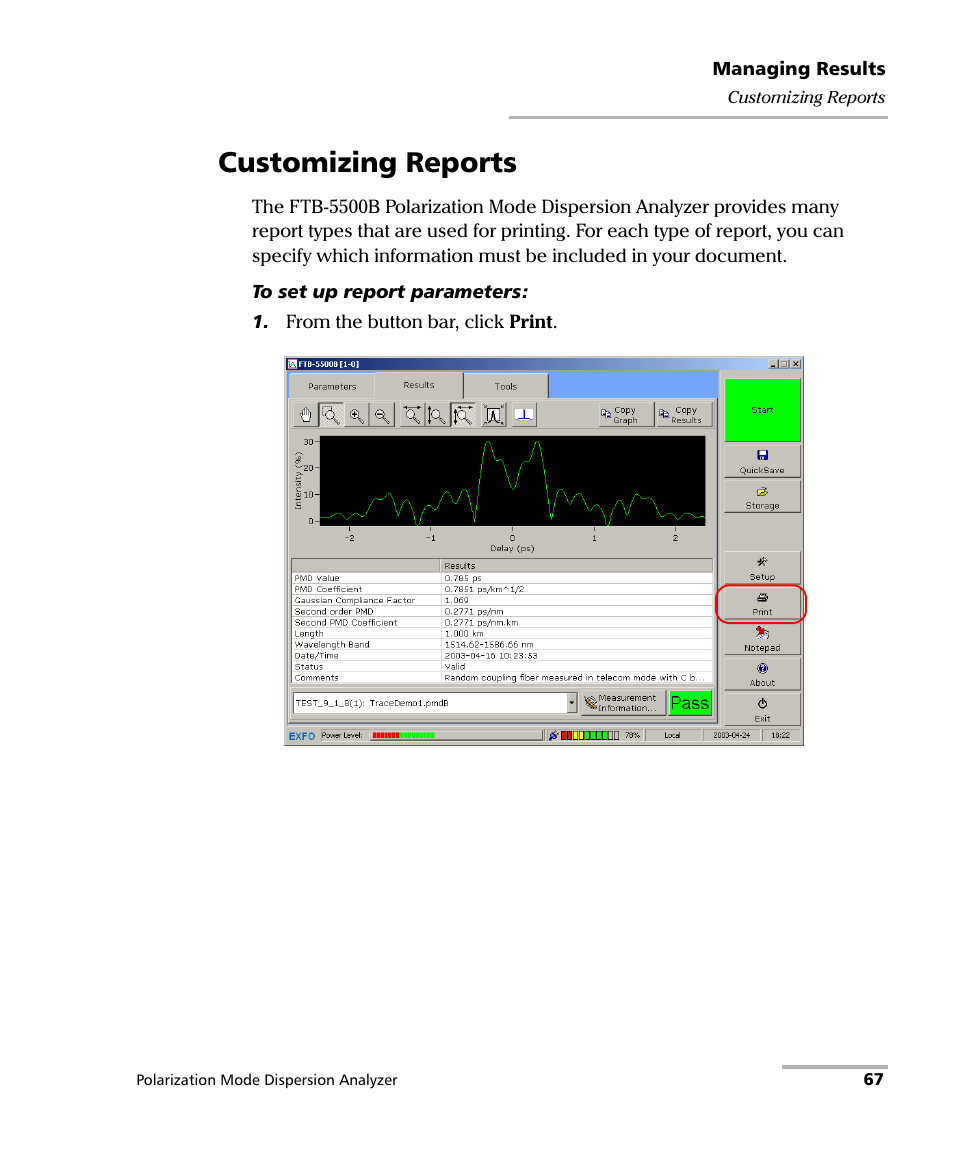 Customizing reports | EXFO FTB-5500B PMD Analyzer User Manual | Page 75 / 121